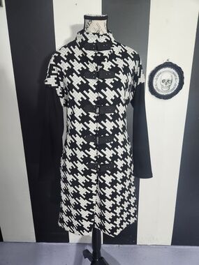 Fontaine Black and White Houndstooth Toggle Trench Coat